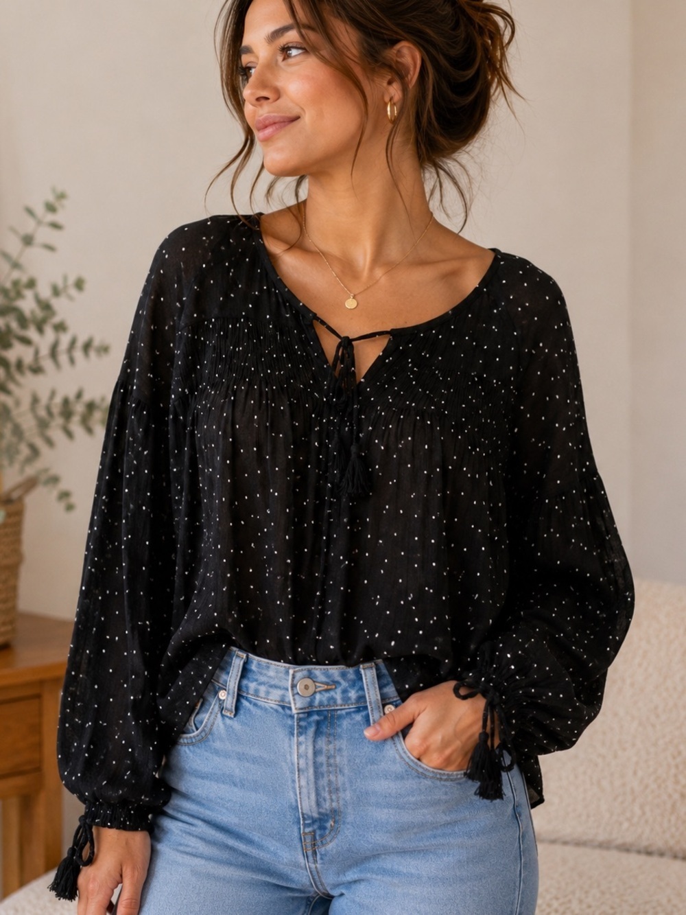 Romeo & Juliet Couture Black Polka Dot Sheer Blouse – Size S